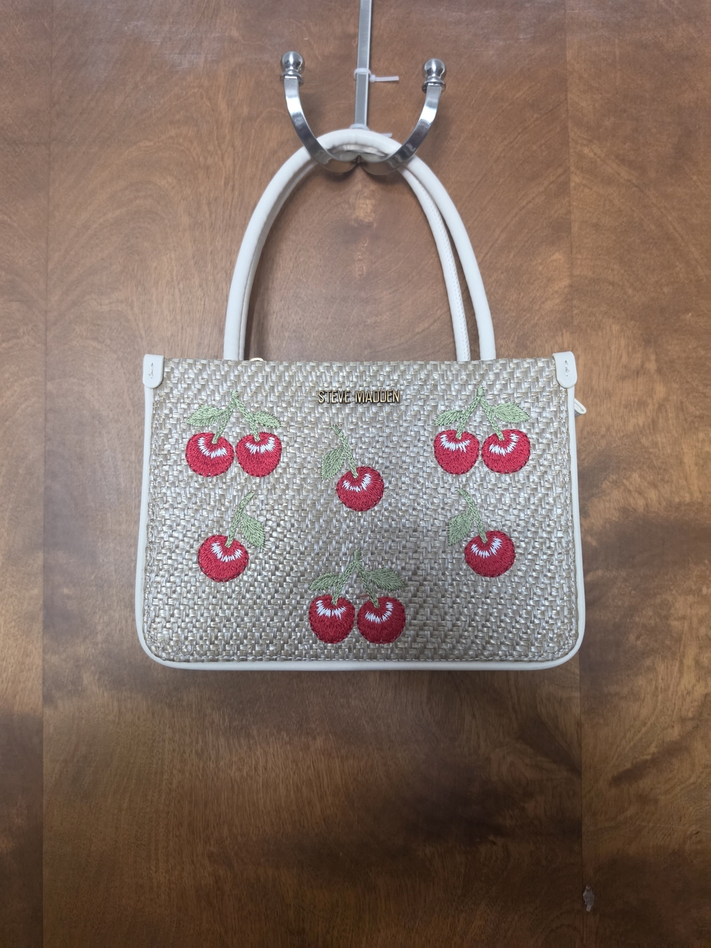 Steve Madden Woven Straw Shoulder Bag with Red Cherry Embroidery and White Trim